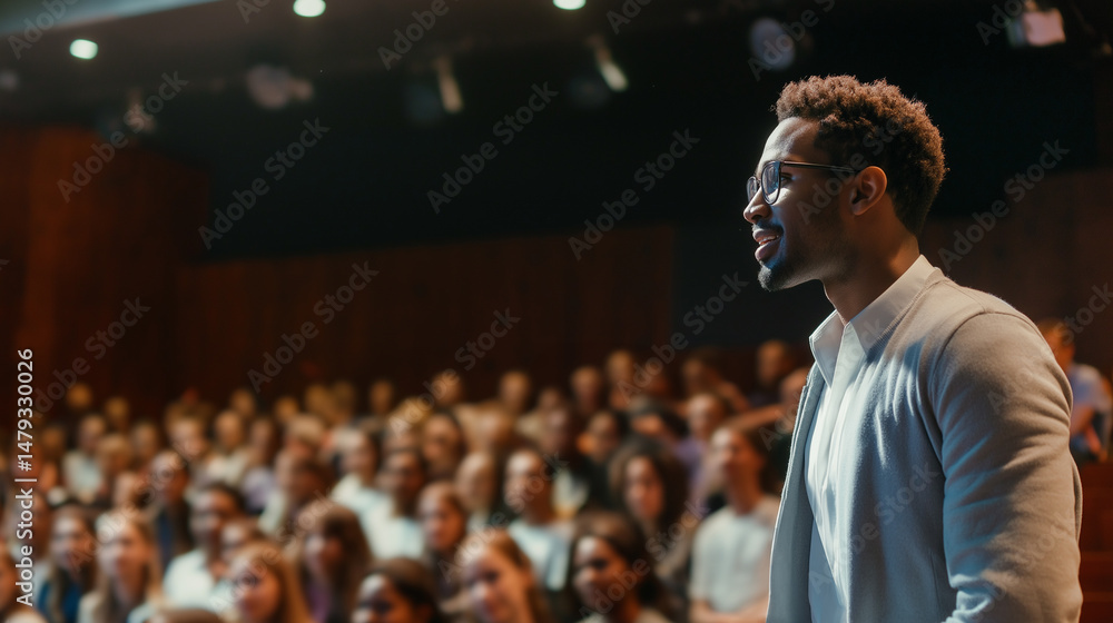Happy professor teaching students in university auditorium during educational conference, explaining new academic material and smiling, wearing glasses and elegant clothes Happy professor teaching students in university auditorium during educational conference, explaining new academic material and smiling, wearing glasses and elegant clothes