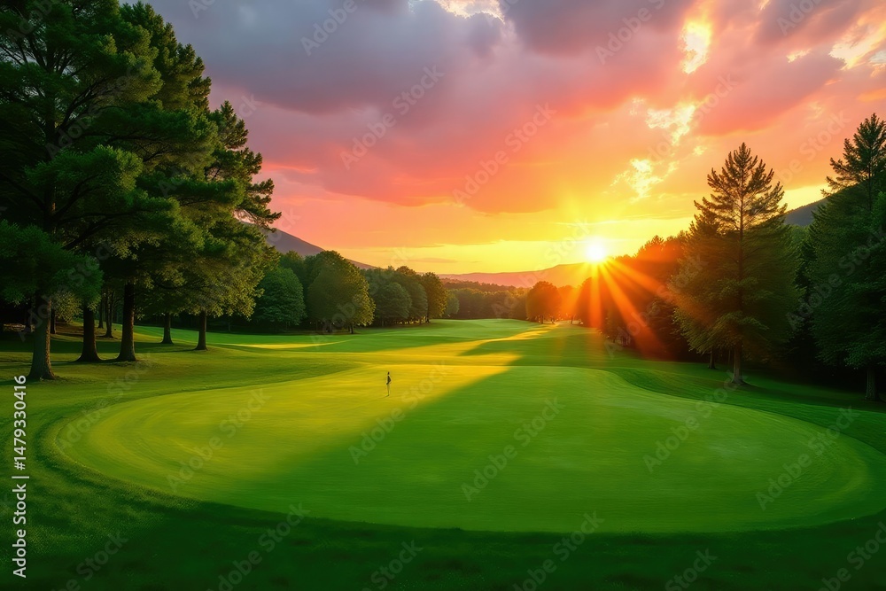 Obraz premium Scenic golf course at sunrise, lush green fairways, clouds, majestic