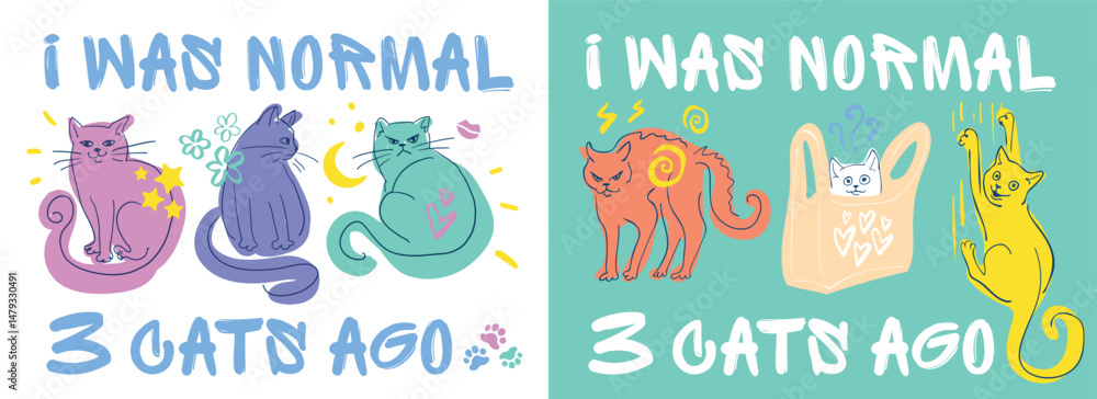 Naklejka premium Funny Cartoon Cats with Emotions