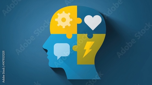 Wallpaper Mural Flat icon of a human silhouette made of four puzzle pieces, each representing a skill: gear (logic), heart (empathy), chat bubble (communication), and lightning bolt (speed). Torontodigital.ca