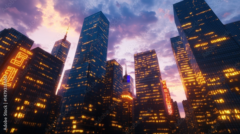 Obraz premium Modern city skyline with tall skyscrapers illuminated at dusk, vibrant sunset colors reflecting off glass buildings in a bustling urban environment