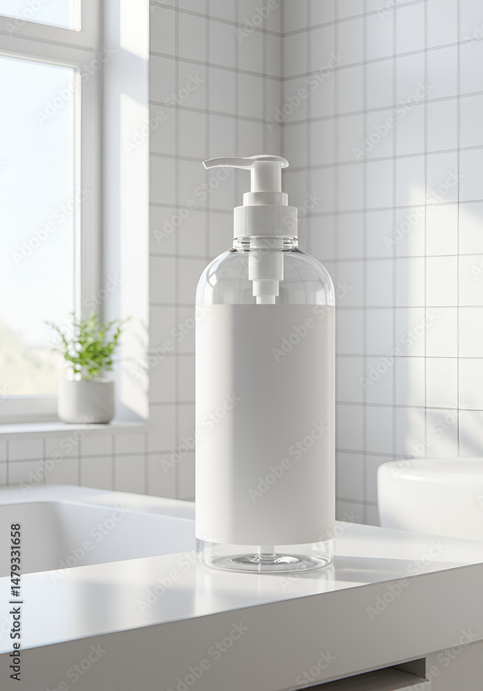 Fototapeta premium Clear pump bottle on white countertop
