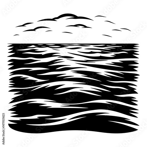 Monochromatic image showing ocean waves and clouds in an abstract expressionist style