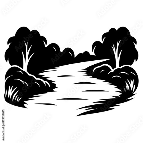 Monochrome illustration of a winding river surrounded by trees and bushes landscape