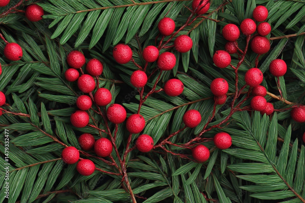 Obraz premium Red berries and green pine create a festive holiday arrangement.