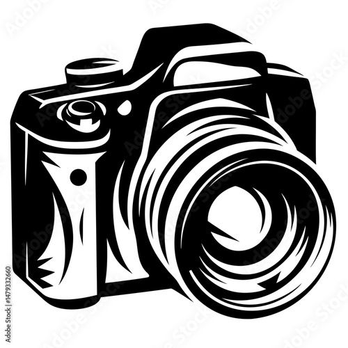 Stylized black and white illustration of a modern digital single lens reflex camera