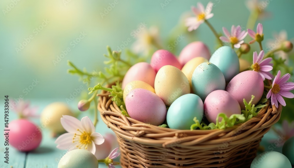 Pastel colored candied eggs in a basket, spring flowers , candy coated, purple Pastel colored candied eggs in a basket, spring flowers , candy coated, purple
