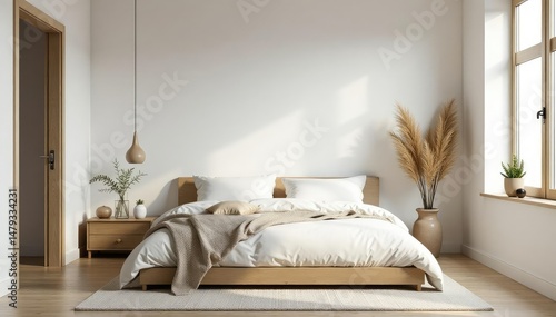 Serene minimalist bedroom with simple decor and natural light White walls, muted tones, wooden accents , window, muted tones