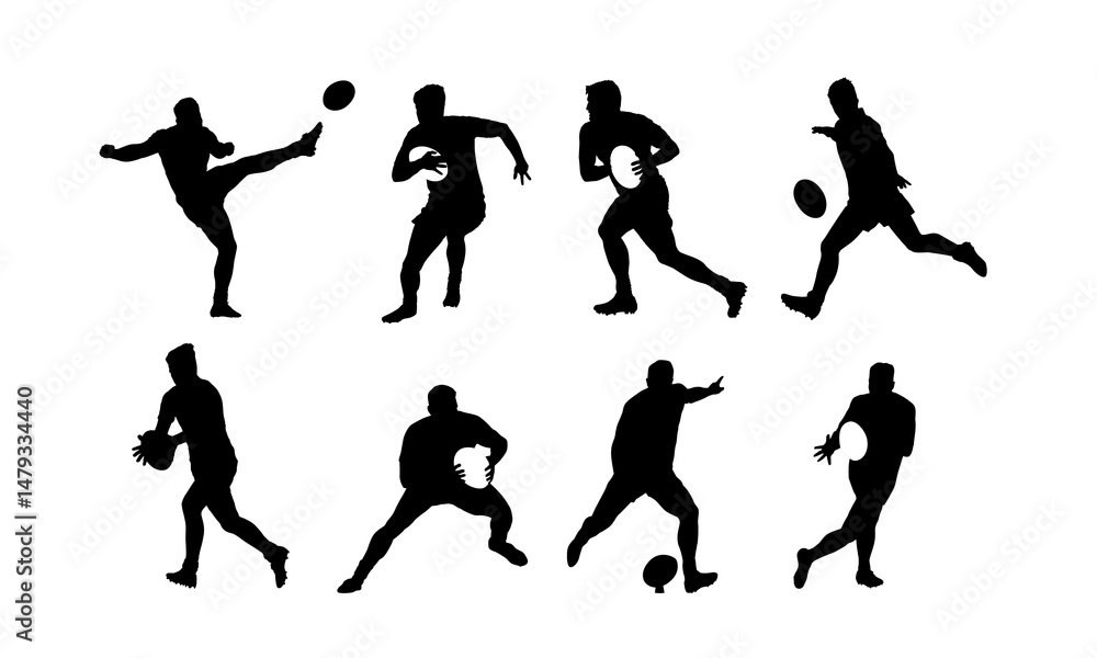 Rugby, group of rugby players, set of isolated vector silhouettes. Team sports athletes
