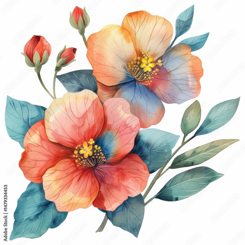 custom made wallpaper toronto digitalWatercolor Flowers Illustration, Botanical Arrangement with Leaves, White Background