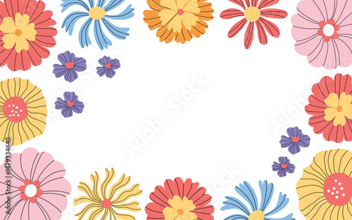Spring and summer floral frame with place for text and transparent background. Retro groovy flowers. Botanical modern border. Great for cards, banners, flyers, birthday, mom's day greetings. Vector.