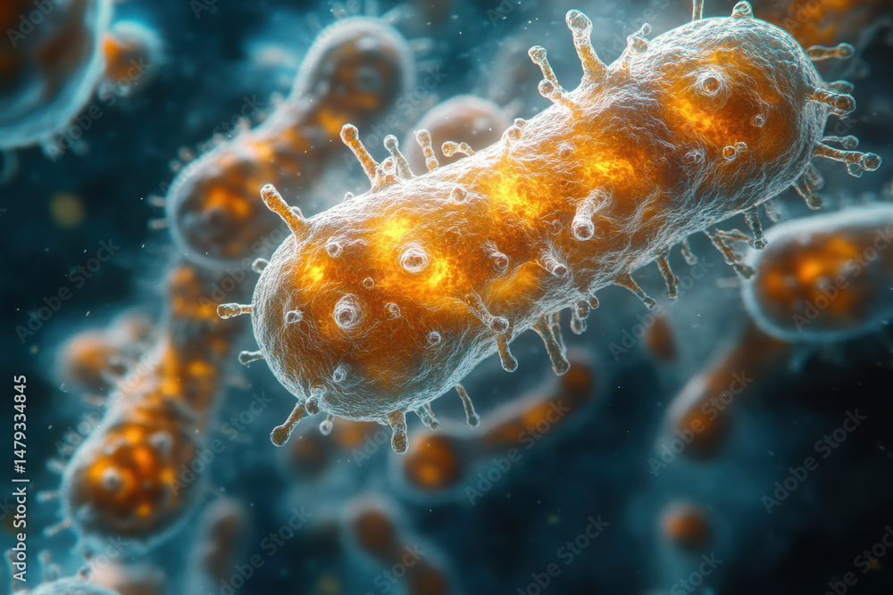 Bacterium engulfing large orange substance. Bacterium engulfing large orange substance.