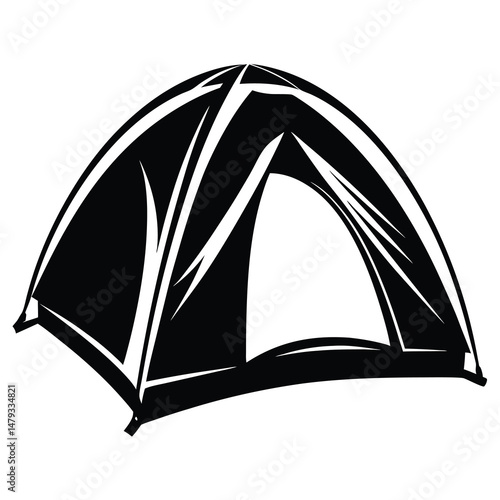 Silhouette of a dome camping tent set up in black and white