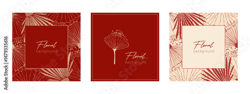 Fotografie Elegant red floral set posters with hand drawn golden floral pattern