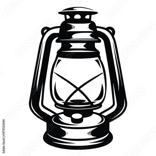 Monochrome illustration of a vintage kerosene lamp, isolated on a white background