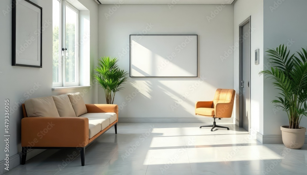 Fototapeta premium Clean, modern doctor's office waiting area with comfortable seating and natural light , appointment, stylish, office