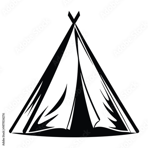 Stylized black and white vector illustration of a camping tent or teepee