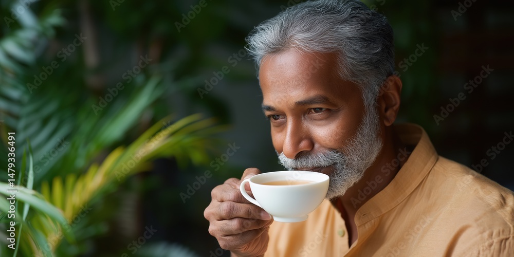 A man is drinking coffee and smiling. Concept of relaxation and enjoyment. The man's facial expression and the act of drinking coffee suggest that he is taking a break from his daily routine A man is drinking coffee and smiling. Concept of relaxation and enjoyment. The man's facial expression and the act of drinking coffee suggest that he is taking a break from his daily routine