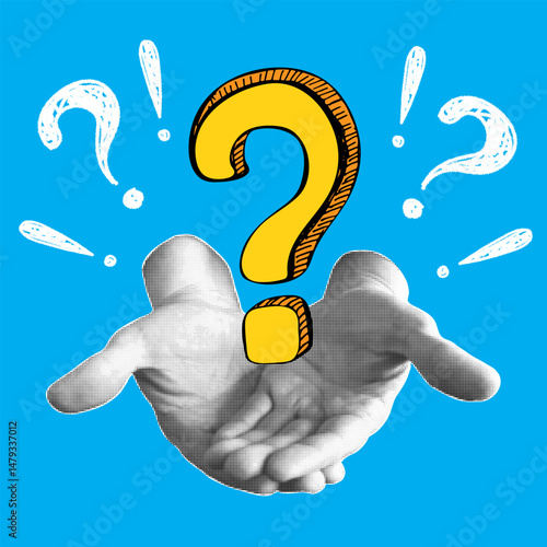 Trendy halftone banner with human hands holding question mark. Query FAQ concept, finding answer.  Modern retro style. Contemporary collage for design template. Vector illustration