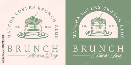 Matcha brunch club pancakes lovers party Japanese theme breakfast green tea flavor logo girls squad shirt design. Fancy kawaii retro vintage aesthetic drawing illustration funny sticker poster print.
