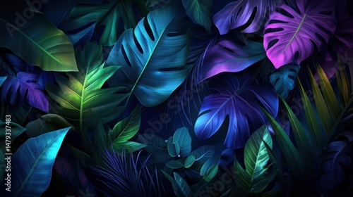 Vibrant tropical foliage with large colorful leaves in deep blue purple green and teal hues creating a lush jungle scene with exotic plant details and dramatic lighting