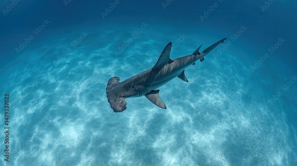 Fototapeta premium Hammerhead shark swimming in deep blue ocean water.