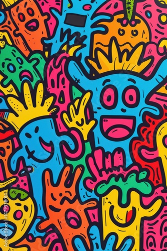 Vibrant Doodle Art: Whimsical Characters & Abstract Cartoon Illustration