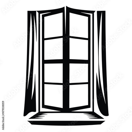 Stylized black and white illustration of an open window with curtains