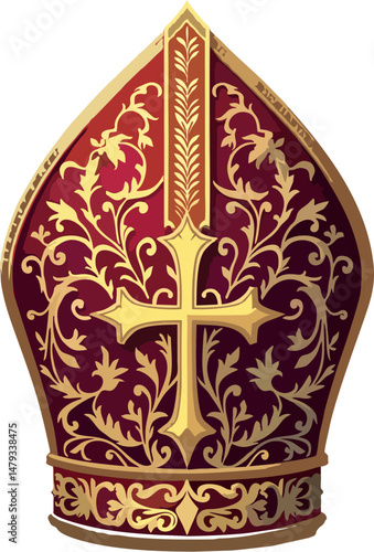 Ornate Vector Illustration of Papal Mitre with Gold Embossed Cross and Baroque Floral Patterns on Burgundy Background – Catholic Bishop Hat Clipart