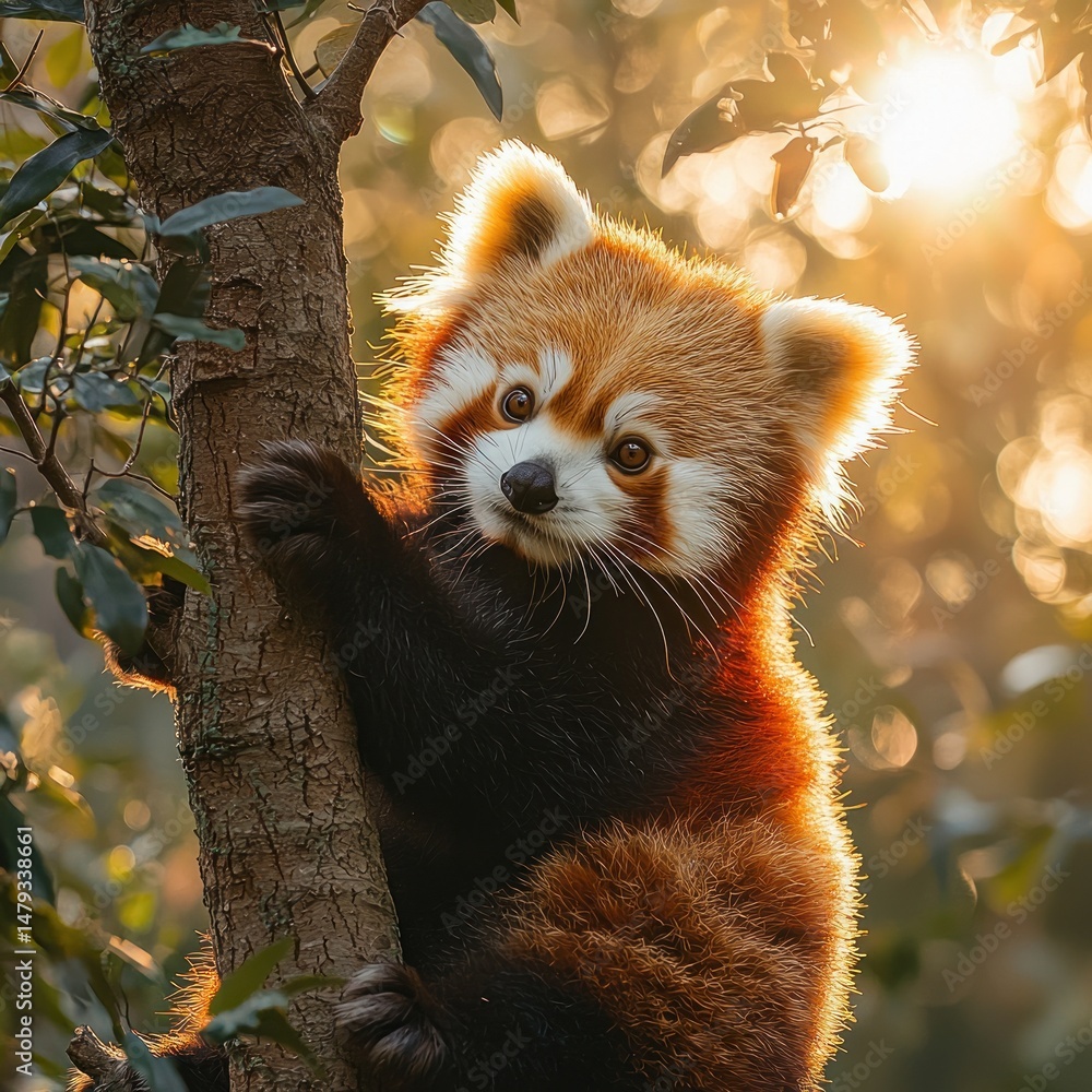 Fototapeta premium Adorable red panda clinging to tree trunk, bathed in golden sunlight