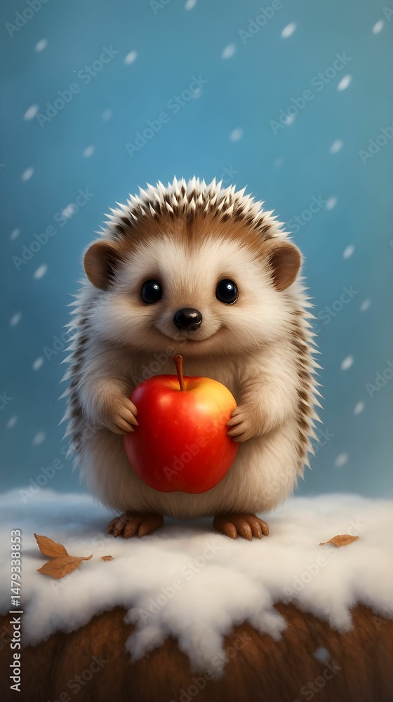 Cute hedgehog enjoying an apple in a snowy environment during winter Cute hedgehog enjoying an apple in a snowy environment during winter