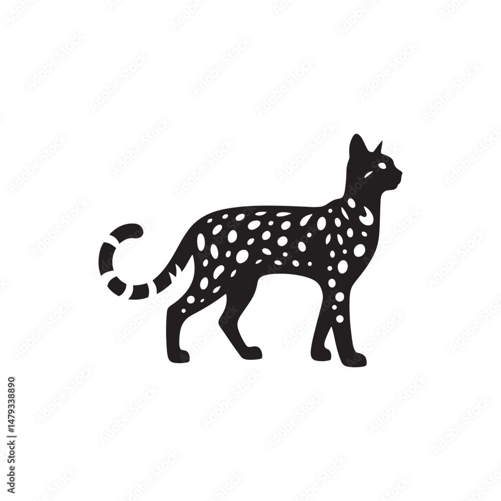Obraz premium Elegant Savannah Cat Silhouette Vector Design – Exotic Hybrid Feline Outline Illustration Featuring Graceful Posture, Spotted Coat Detail, and Sleek Form for Artistic, Decorative, and Branding Use. 