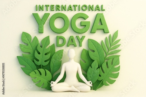 Minimal 3D figure meditating on International Yoga Day surrounded by lush green tropical leaves, symbolizing holistic wellness, balance with nature, and mindful living practices.