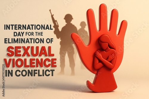 Powerful 3D illustration symbolizing International Day for the Elimination of Sexual Violence in Conflict, featuring a red hand and woman figure against the backdrop of armed soldiers.