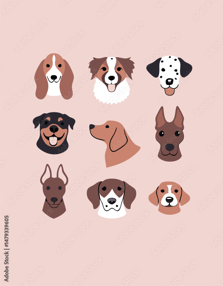 Large Dog Breeds Faces collection. Vector illustration of funny cartoon different breeds dogs in trendy flat style. Isolated on light pink background. Large Dog Breeds Faces collection. Vector illustration of funny cartoon different breeds dogs in trendy flat style. Isolated on light pink background.