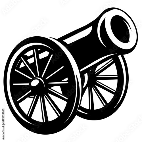 A classic artillery cannon design rendered in black and white illustration
