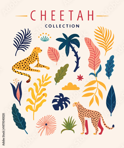 Cheetah trendy design elements collection. Vector illustration of cheetah, tropical leaves, and other elements of nature in Matisse style