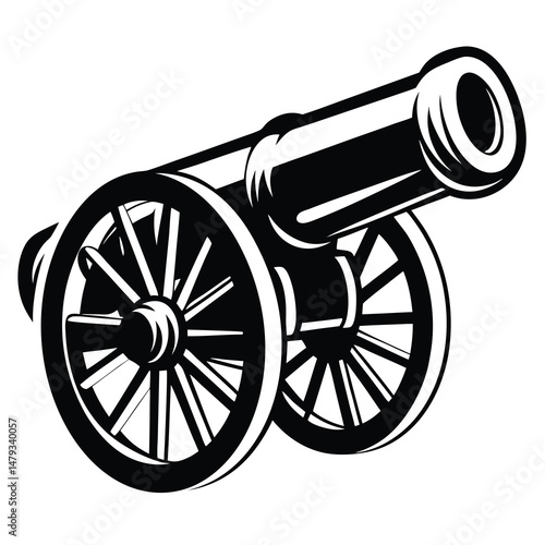 Antique black cannon on wheels, illustrated in classic, powerful design style