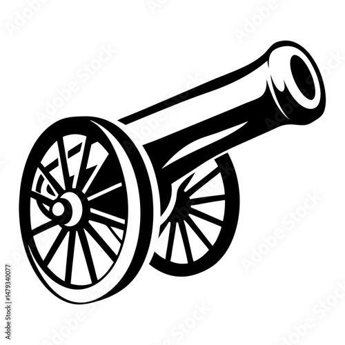 Illustration of a black and white cannon on wheels against a white background
