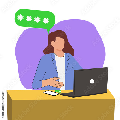 Businesswoman Working on Laptop at Desk, Flat Vector Illustration, Remote Work Concept , Modern Office Workspace with Woman Using Computer
