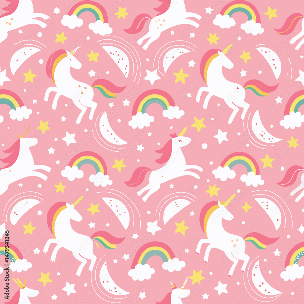 Naklejka premium Unicorn pattern. Vector seamless pattern with white unicorns, rainbow and stars. Isolated on a pink background.