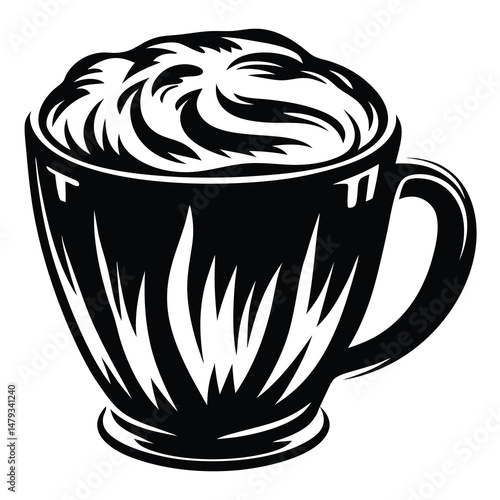 Monochrome drawing of a cup of cappuccino with creamy topping art