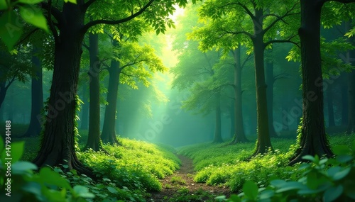 Lush green forest background  perfect for nature themes   outdoor  dappled light