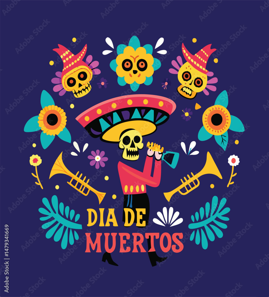 Dia de los Muertos concept. Vector flat cartoon illustration with sugar festive skull in sombrero, surrounded by flowers, birds and trumpets, isolated on dark blue background. Dia de los Muertos concept. Vector flat cartoon illustration with sugar festive skull in sombrero, surrounded by flowers, birds and trumpets, isolated on dark blue background.