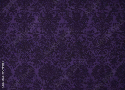 Intricate black damask on deep purple, seamless pattern , dark background, antique