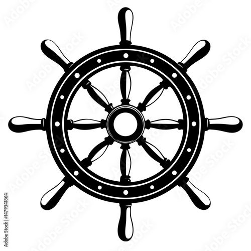 Classic Ships Wheel with Eight Spokes in Black and White Drawing