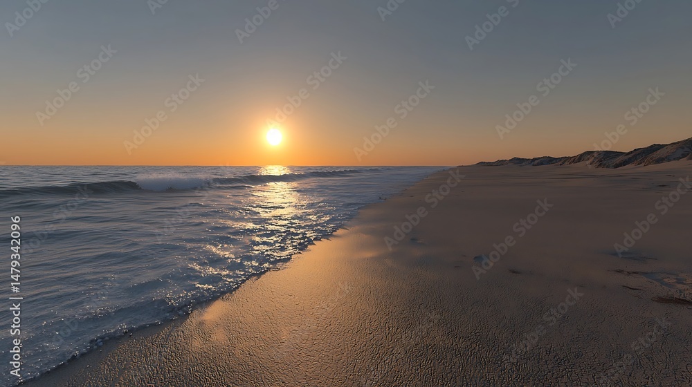 Obraz premium Walking on Sandy Beach During Sunset with Gentle Waves Rolling in