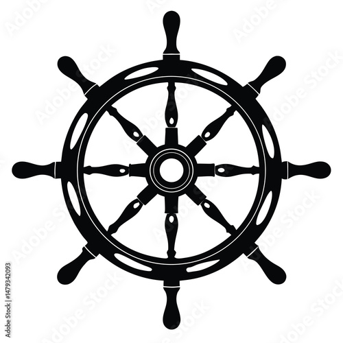 A Black Silhouette of a Ship Steering Wheel on a White Background