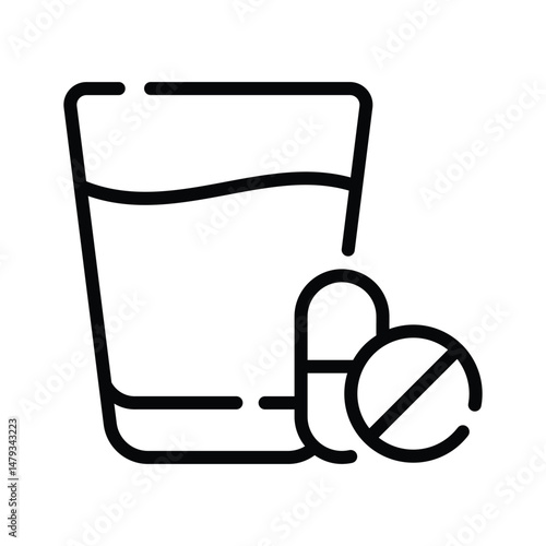 Effervescent tablet with water glass, line style icon