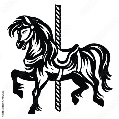 Carousel horse silhouette with twisted pole design in black and white